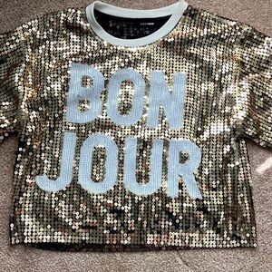 Fashion Nova BON JOUR Short-Sleeved Crew Neck Sequined Cropped Top Size Small